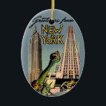 Retro New York City Greeting Ceramic Ornament<br><div class="desc">A fantastic retro postcard greeting for New York City.  We've repurposed this great image on an ornament.
The image is on both sides. You can purchase it as is or you can delete the image on the back  and personalise the ornament with a message.</div>