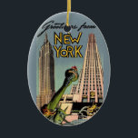 Retro New York City Greeting Ceramic Ornament<br><div class="desc">A fantastic retro postcard greeting for New York City.  We've repurposed this great image on an ornament.
The image is on both sides. You can purchase it as is or you can delete the image on the back  and personalise the ornament with a message.</div>