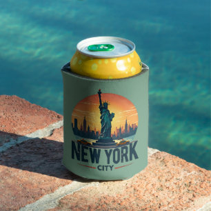 Retro New York City Skyline with Statue of Liberty Can Cooler