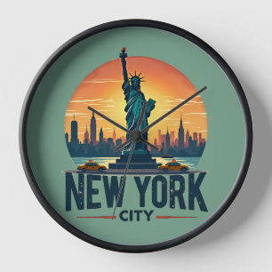 Retro New York City Skyline with Statue of Liberty Clock