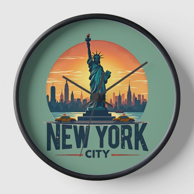 Retro New York City Skyline with Statue of Liberty Clock (Front)