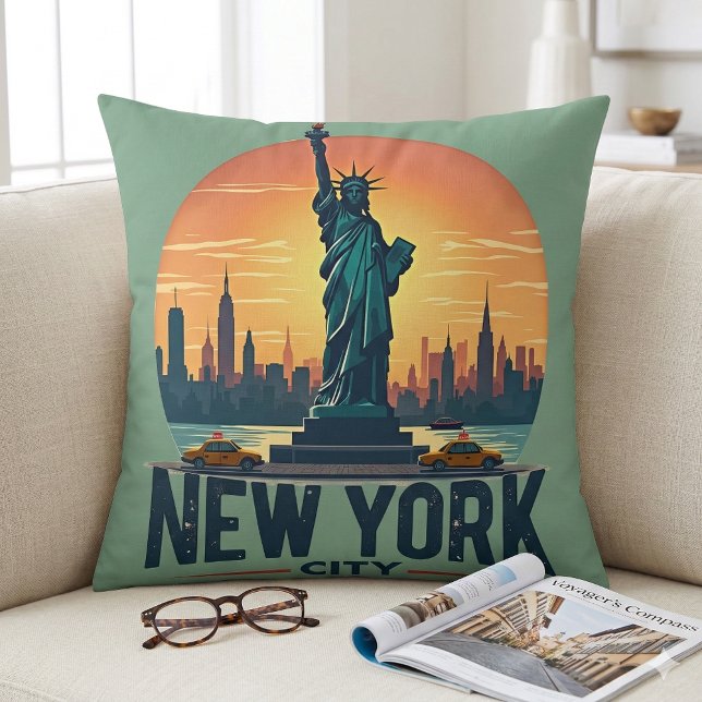 Retro New York City Skyline with Statue of Liberty Cushion (Retro New York City Skyline with Statue of Liberty Throw Pillow Mockup A)