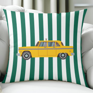 Retro New York City Taxi Cab, Car on Green Stripes Cushion