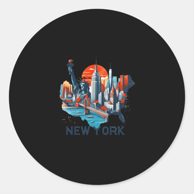 Retro New York Skyline Silhouette  Classic Round Sticker (Front)