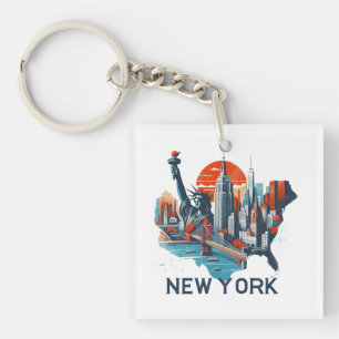Retro New York Skyline Silhouette Key Ring