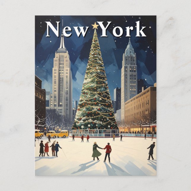 Retro New York Winter Ice Skating Travel Postcard (Front)