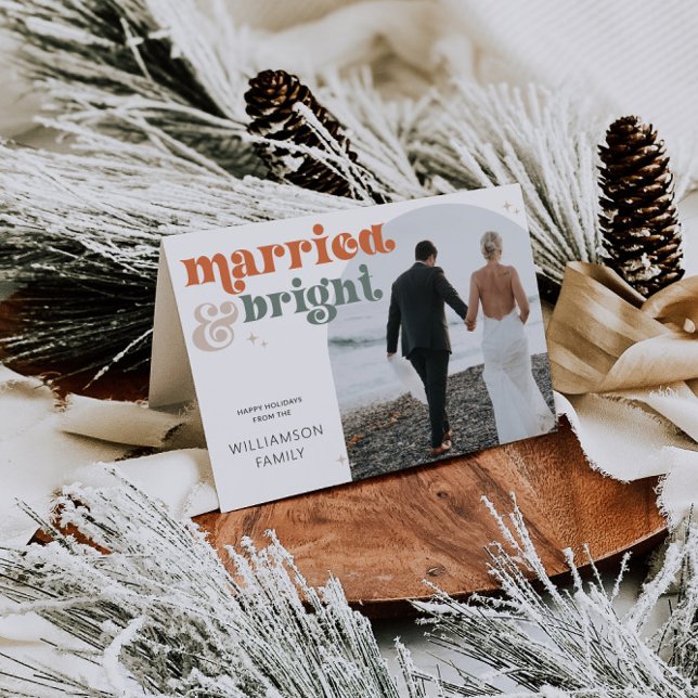 Retro Newlywed Arch Photo Folded Holiday Card (Married & Bright Newlywed Christmas Card)