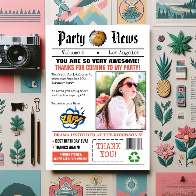 Retro Newspaper Birthday Party Photo Thank You Card (Retro Newspaper themed thank you card)