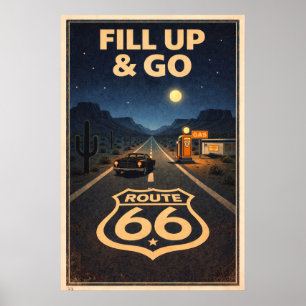 Retro Night Highway Route 66 Vintage Art Poster