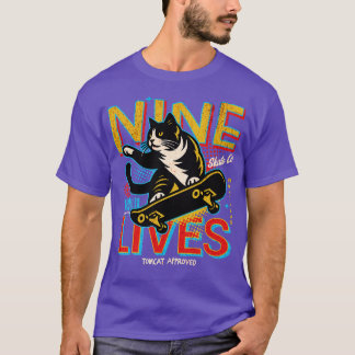 Retro Nine Lives Skate Co Funny Skateboarding Cat T-Shirt