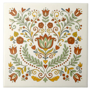 Retro Nordic Folk Art Tulip & Rose Ceramic Tile