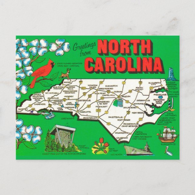Retro North Carolina Map Postcard (Front)