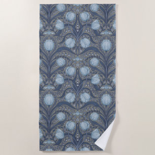 Retro Nouveau Tulips in blue and pewter Beach Towel