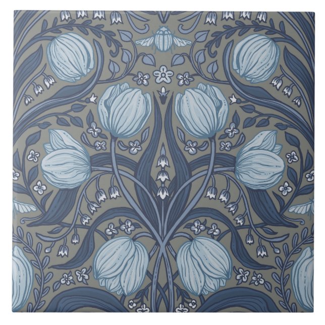 Retro Nouveau Tulips in blue and pewter Ceramic Tile (Front)