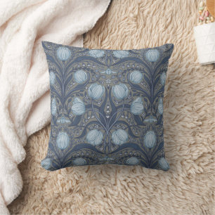 Retro Nouveau Tulips in blue and pewter Cushion