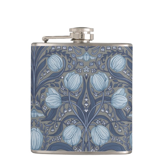 Retro Nouveau Tulips in blue and pewter Hip Flask (Front)
