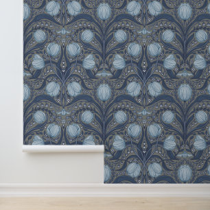 Retro Nouveau Tulips in blue and pewter Wallpaper