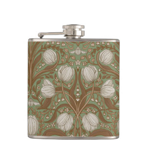 Retro Nouveau Tulips in orange and teal Hip Flask