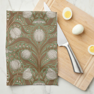 Retro Nouveau Tulips in orange and teal Tea Towel