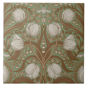 Retro Nouveau Tulips in sage and brown Ceramic Tile