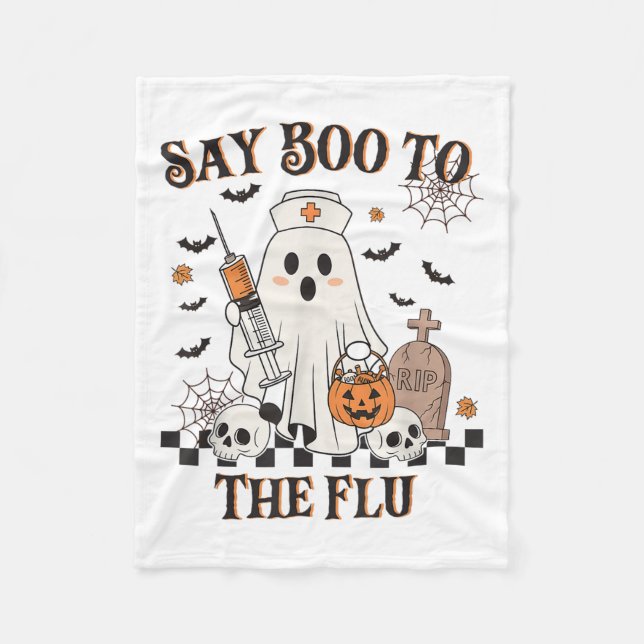 Retro Nurse Ghost Halloween Vaccine Say Boo To The Fleece Blanket (Front)