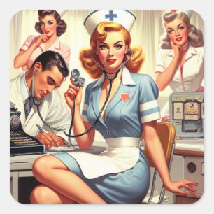 Retro Nurse Illustration Square Sticker