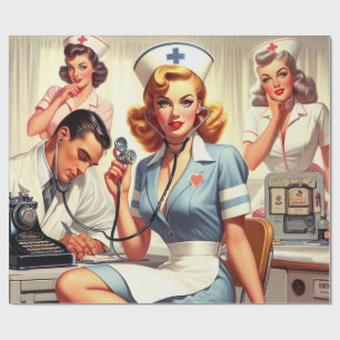 Retro Nurse Illustration Wrapping Paper