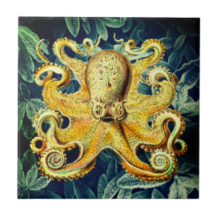 Retro Octopus and Frozen Underwater Plants - Cool Ceramic Tile