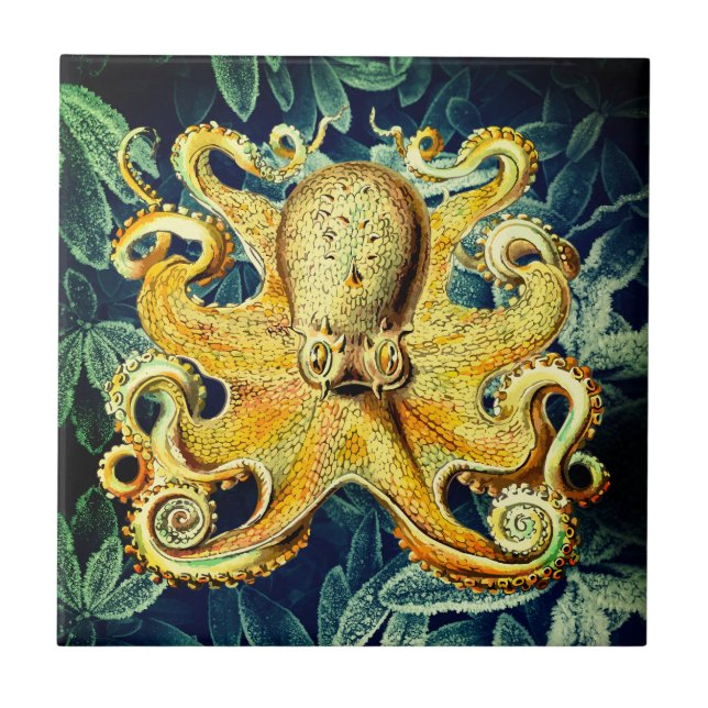 Retro Octopus and Frozen Underwater Plants - Cool Ceramic Tile (Front)