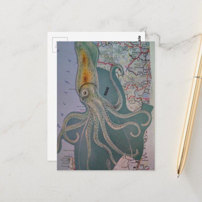 Retro Octopus and Map Collage Postcard (Front/Back In Situ)