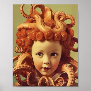 Retro Octopus Doll Head Assemblage Poster