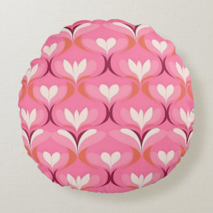 Retro ogee pink orange hearts round cushion