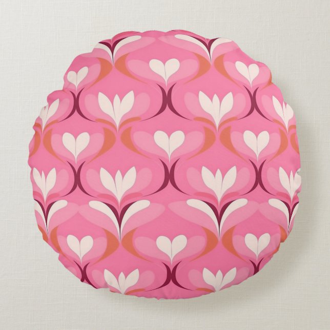 Retro ogee pink orange hearts round cushion (Front)