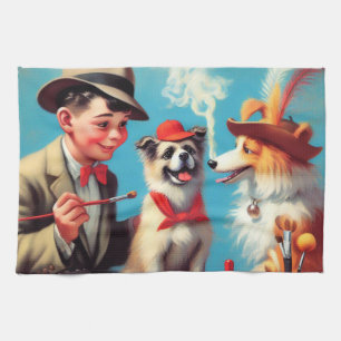 Retro Oil Painting Happy Dogs Tea Towel