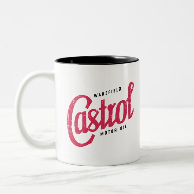 retro oil sign Two-Tone coffee mug (Left)