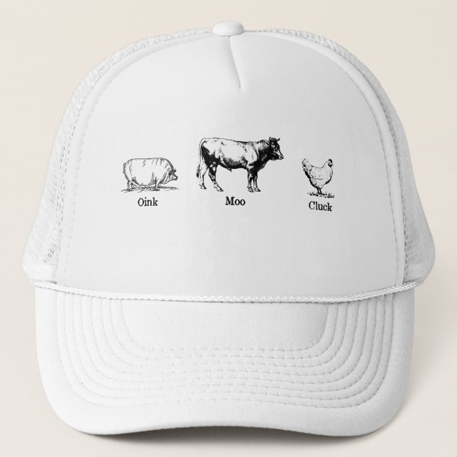 Retro Oink Moo Cluck Pig Cow Chicken Trucker Hat (Front)