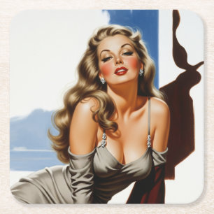 Retro Old Hollywood Beautiful Blonde Woman Square Paper Coaster