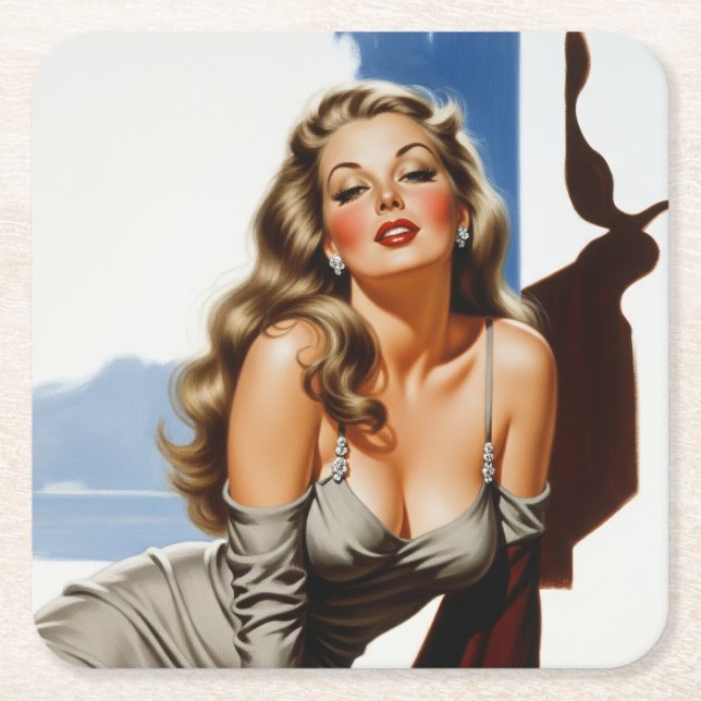Retro Old Hollywood Beautiful Blonde Woman Square Paper Coaster (Front)