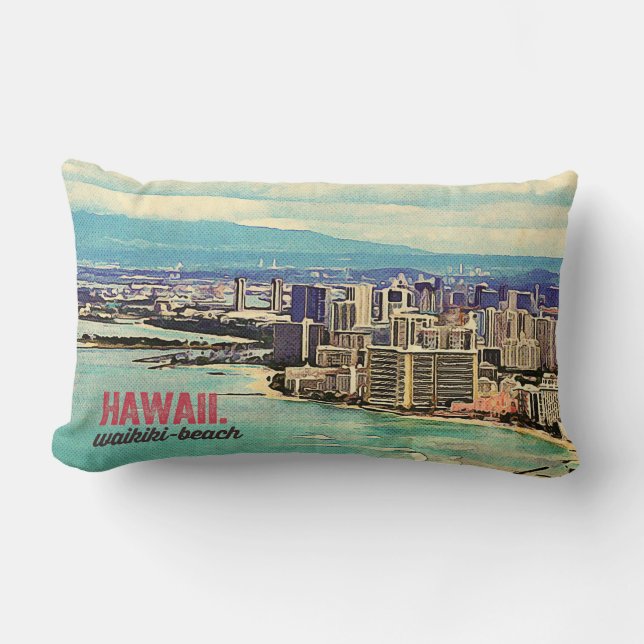 Retro Old Look Hawaii Oahu Island Waikiki Beach Lumbar Cushion (Front)