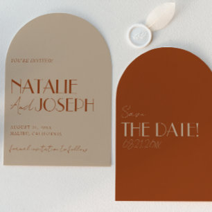 Retro Old Money Burnt Orange Gold Arched Wedding Save The Date