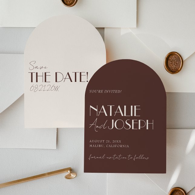 Retro Old Money Chocolate Brown Arched Wedding Save The Date (Creator Uploaded)