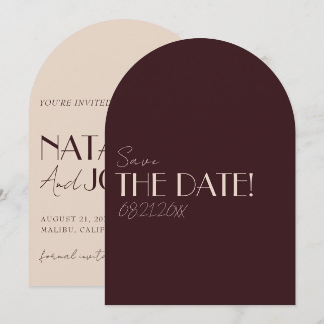 Retro Old Money Deep Red Gold Fancy Arched Wedding Save The Date (Front/Back)
