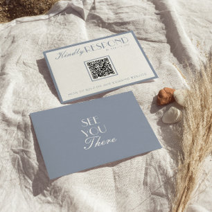 Retro Old Money Dusty Blue QR Code Wedding RSVP Card
