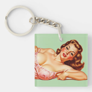 Retro Old School Pin-up girl Art Key Ring