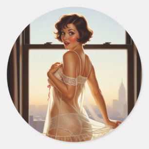 Retro Old School Pin-up Girl  Classic Round Sticker