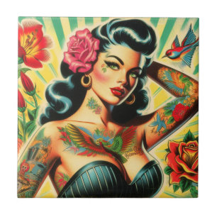 Retro Old School Tattoo Pinup Ceramic Tile