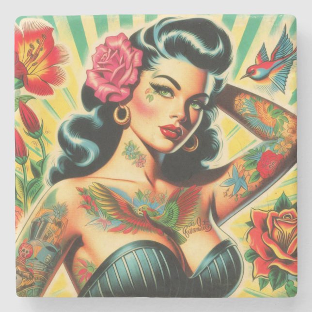 Retro Old School Tattoo Pinup Stone Coaster (Front)