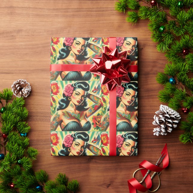Retro Old School Tattoo Pinup Wrapping Paper (Holiday Gift)
