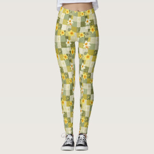 Retro Olive Daffodil Floral Tile - Mid Century Leggings