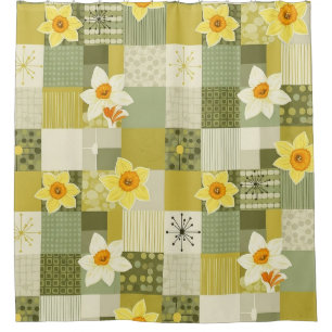 Retro Olive Daffodil Floral Tile - Mid Century Shower Curtain